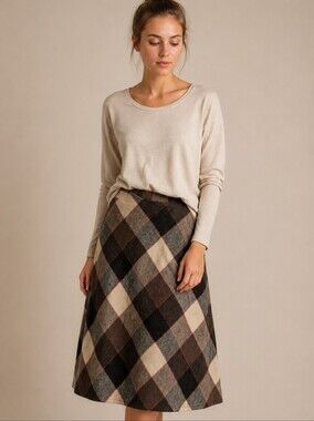 Plaid A-Line Wool Blend Midi Skirt Small
